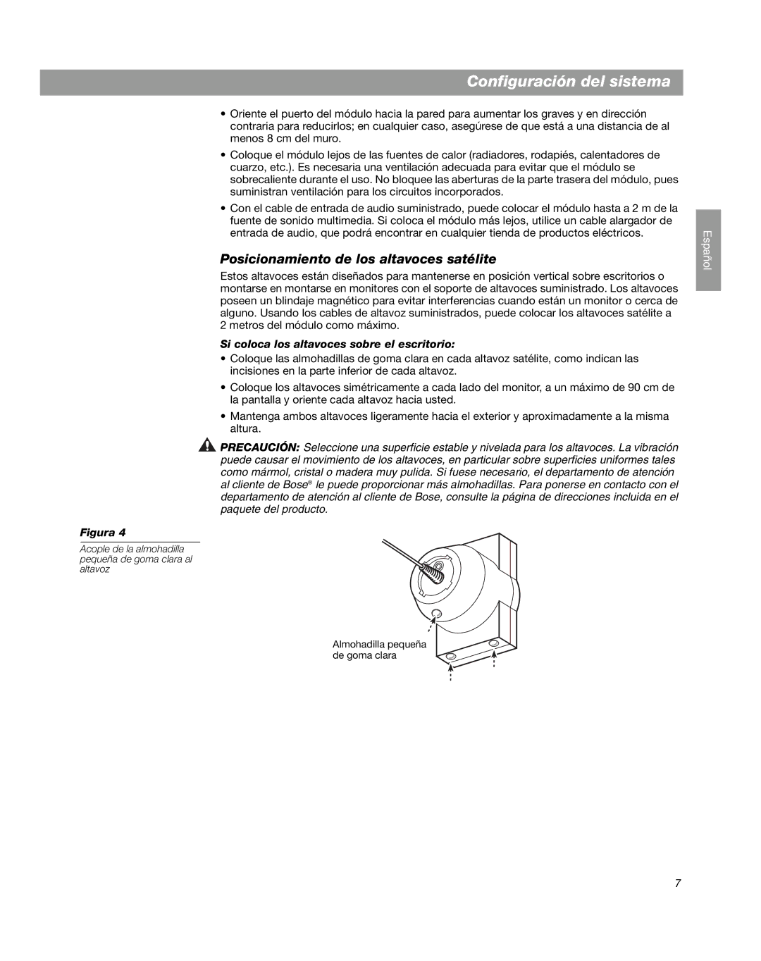 Bose Companion 3 manual Posicionamiento de los altavoces satélite, Si coloca los altavoces sobre el escritorio 