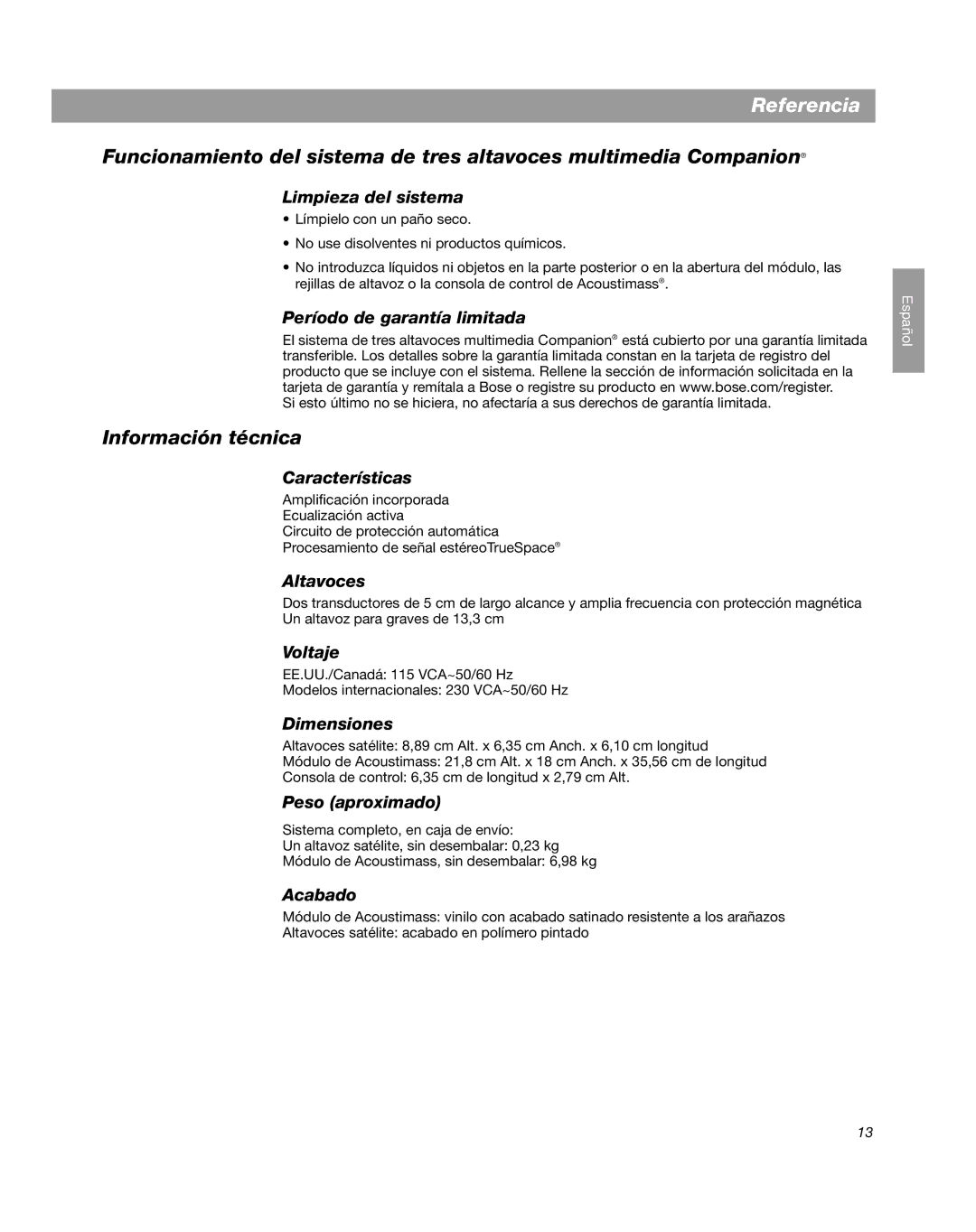 Bose Companion 3 manual Referencia, Información técnica 