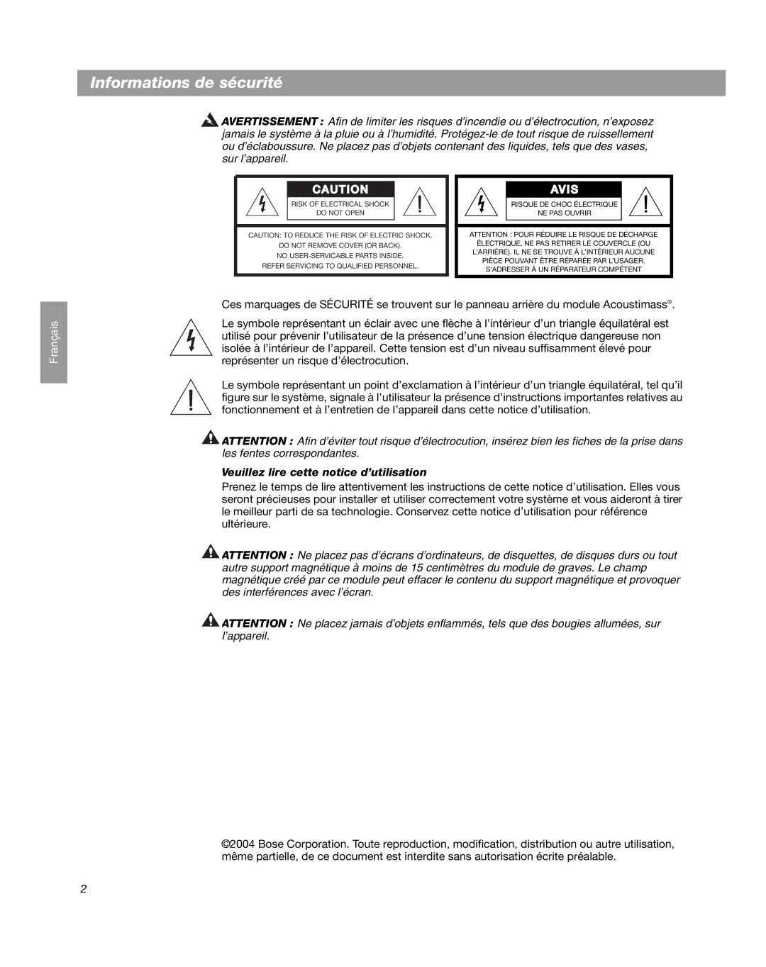 Bose Companion 3 manual Informations de sécurité, Veuillez lire cette notice d’utilisation 