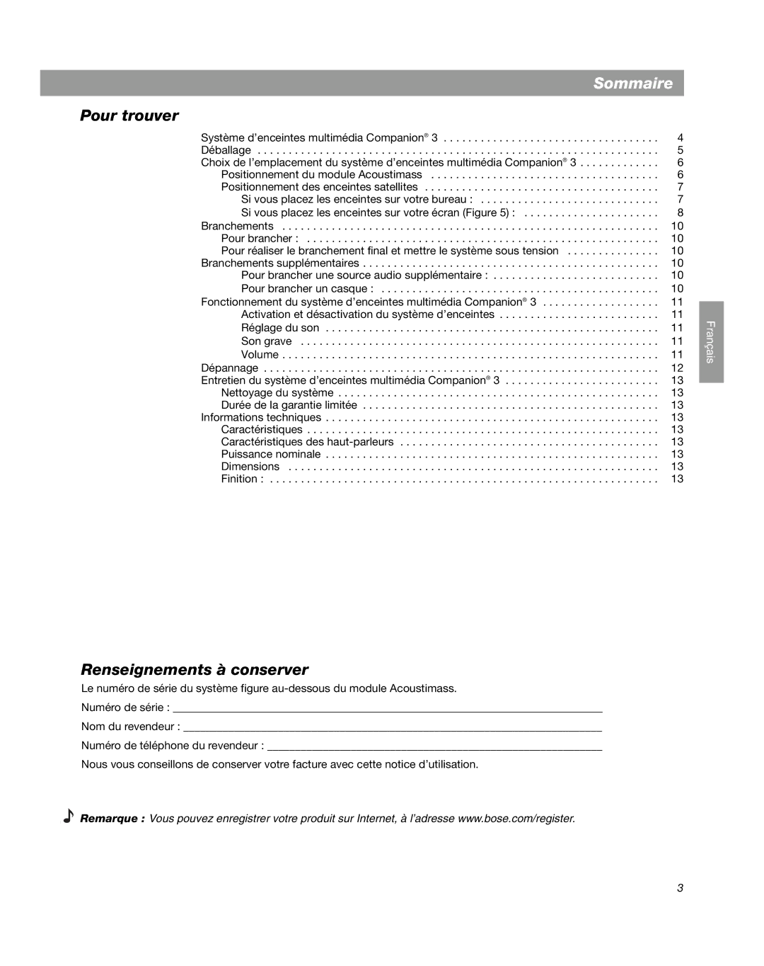 Bose Companion 3 manual Sommaire, Renseignements à conserver 