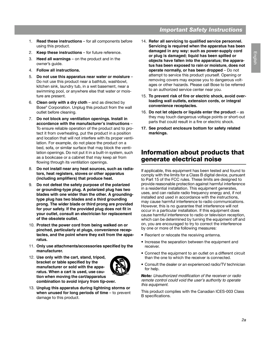 Bose Companion 3 manual Information about products that generate electrical noise, Important Safety Instructions 