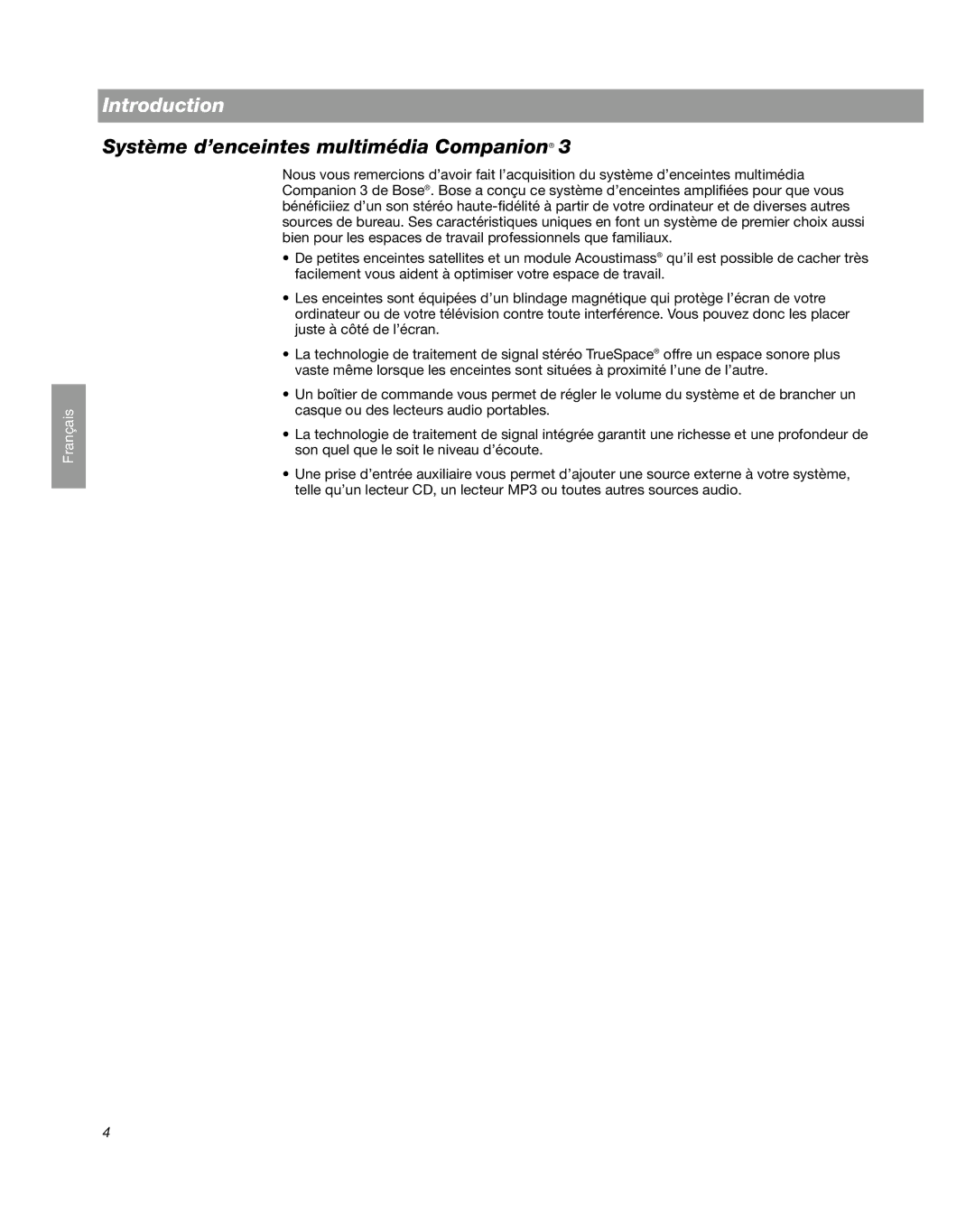 Bose Companion 3 manual Introduction, Système d’enceintes multimédia Companion 