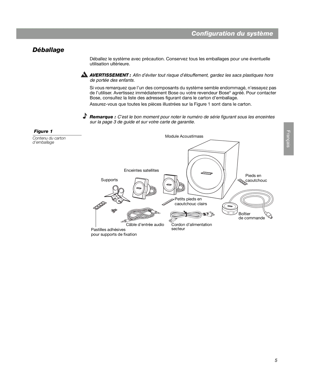 Bose Companion 3 manual Configuration du système, Déballage 