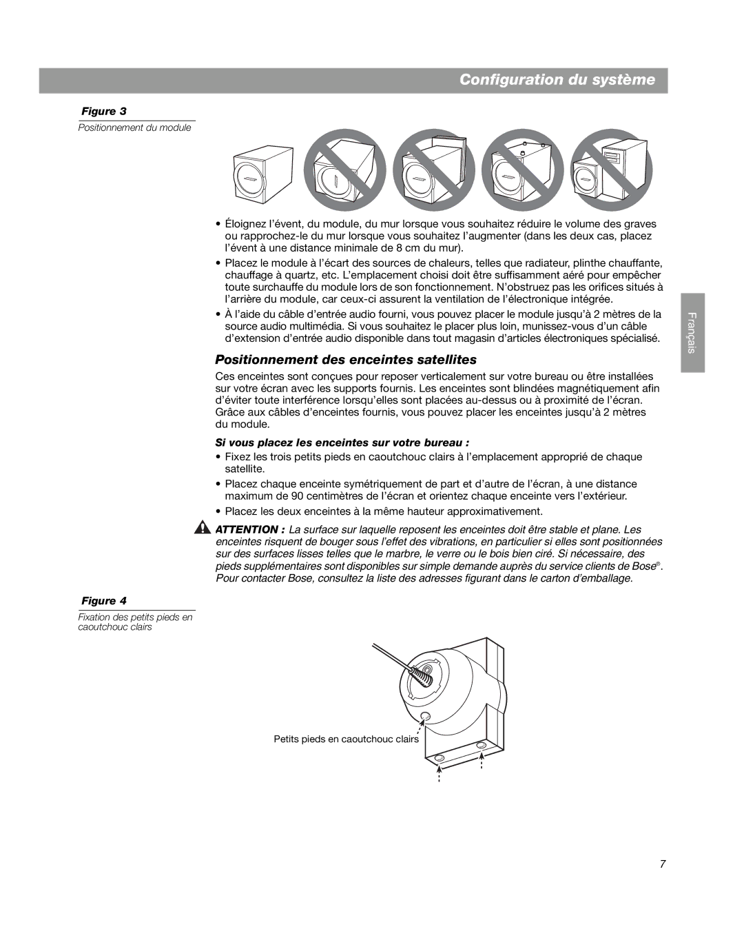 Bose Companion 3 manual Positionnement des enceintes satellites, Si vous placez les enceintes sur votre bureau 