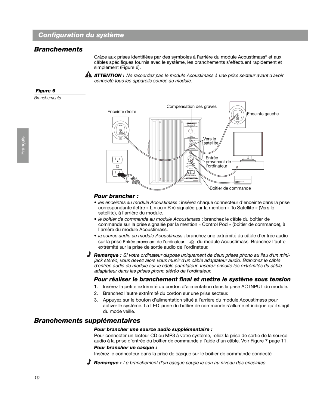 Bose Companion 3 manual Branchements supplémentaires, Pour brancher une source audio supplémentaire 