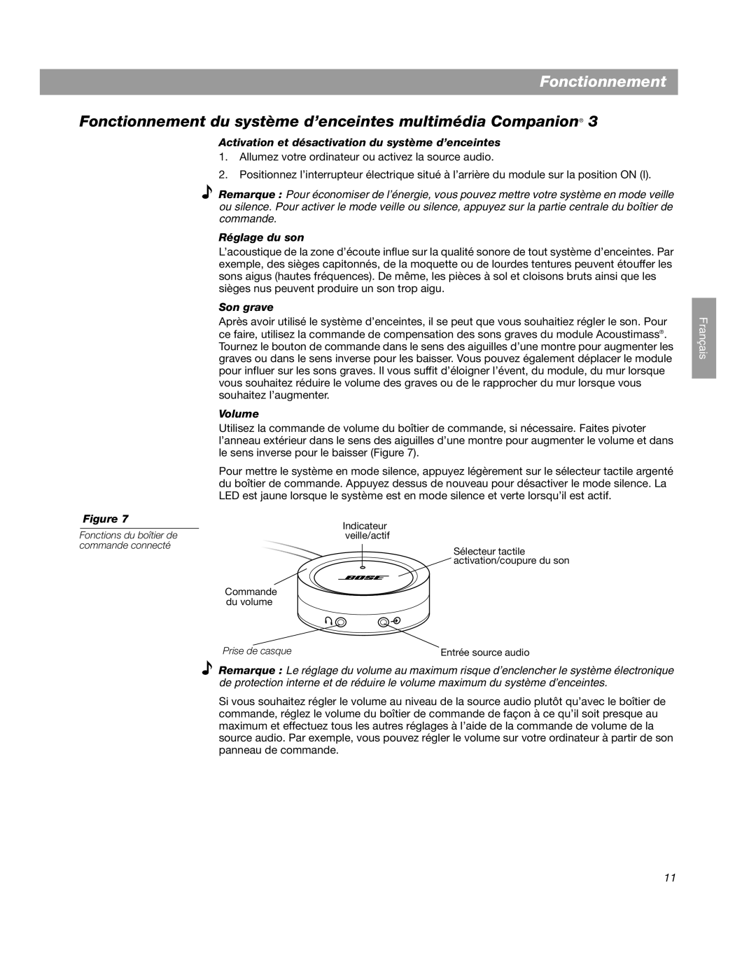 Bose Companion 3 manual Fonctionnement du système d’enceintes multimédia Companion, Réglage du son, Son grave 