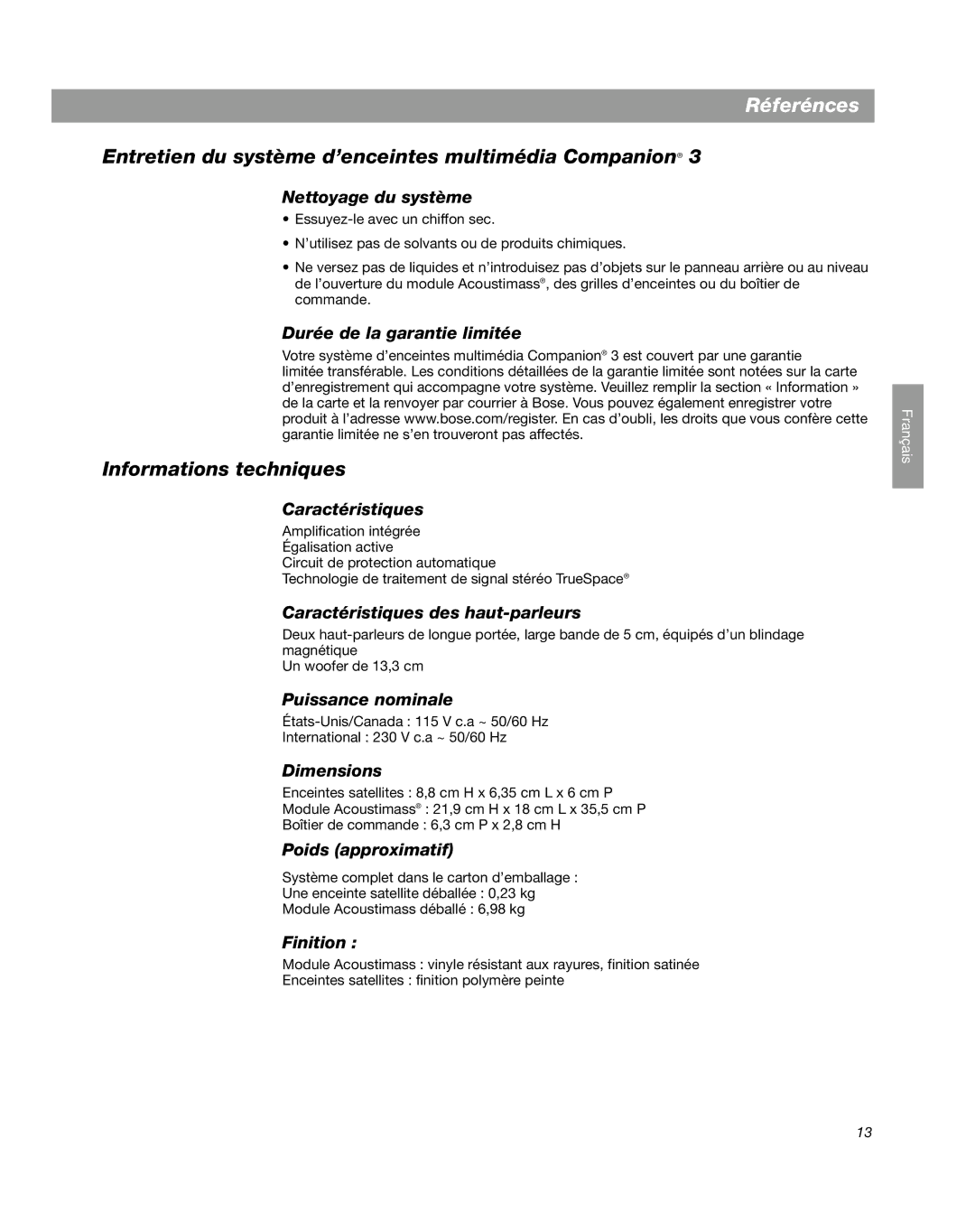 Bose Companion 3 manual Réferénces, Entretien du système d’enceintes multimédia Companion, Informations techniques 