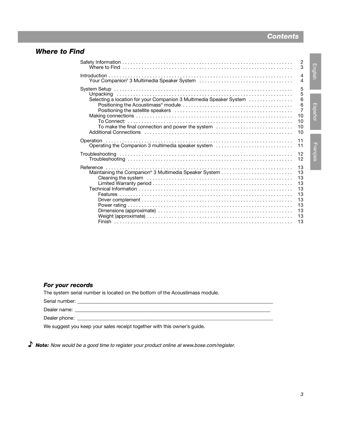 Bose Companion 3 manual Contents 