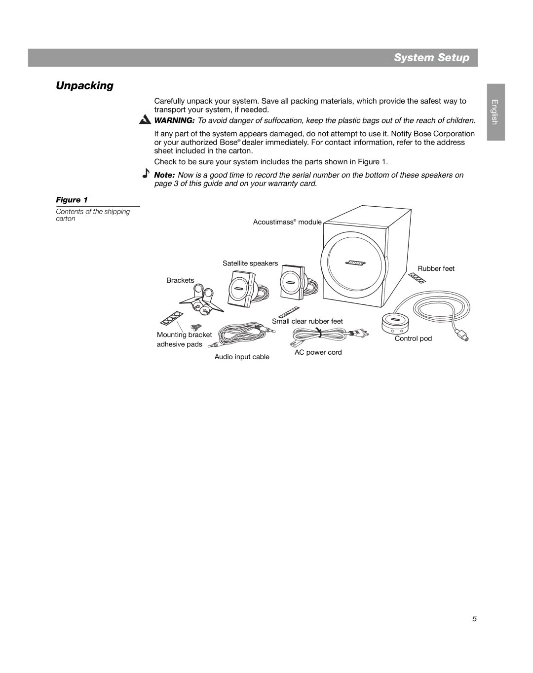 Bose Companion 3 manual System Setup, Unpacking 