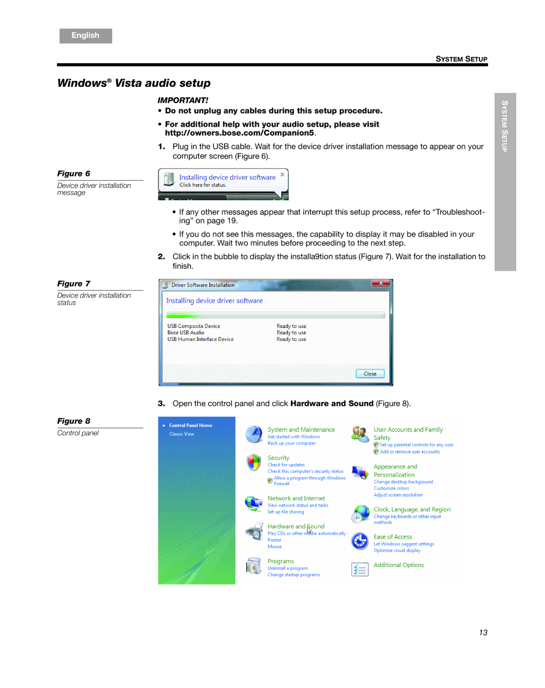 Bose Companion 5 manual Windows Vista audio setup, Do not unplug any cables during this setup procedure 