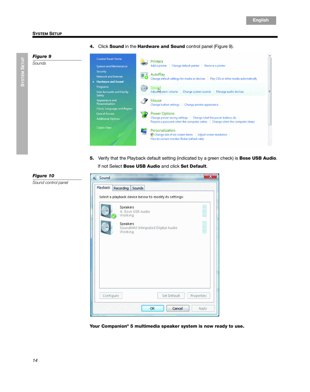 Bose Companion 5 manual Click Sound in the Hardware and Sound control panel Figure 