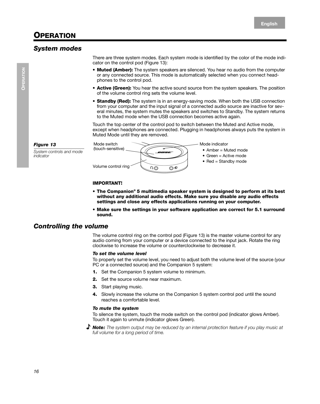 Bose Companion 5 manual System modes, Controlling the volume 