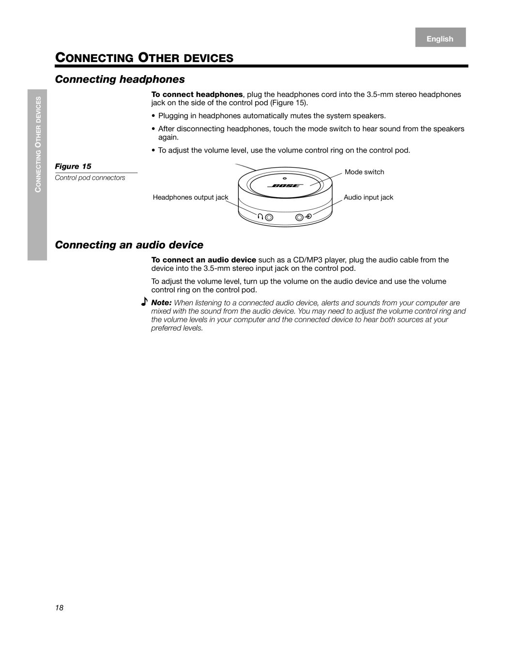 Bose Companion 5 manual Connecting headphones, Connecting an audio device 