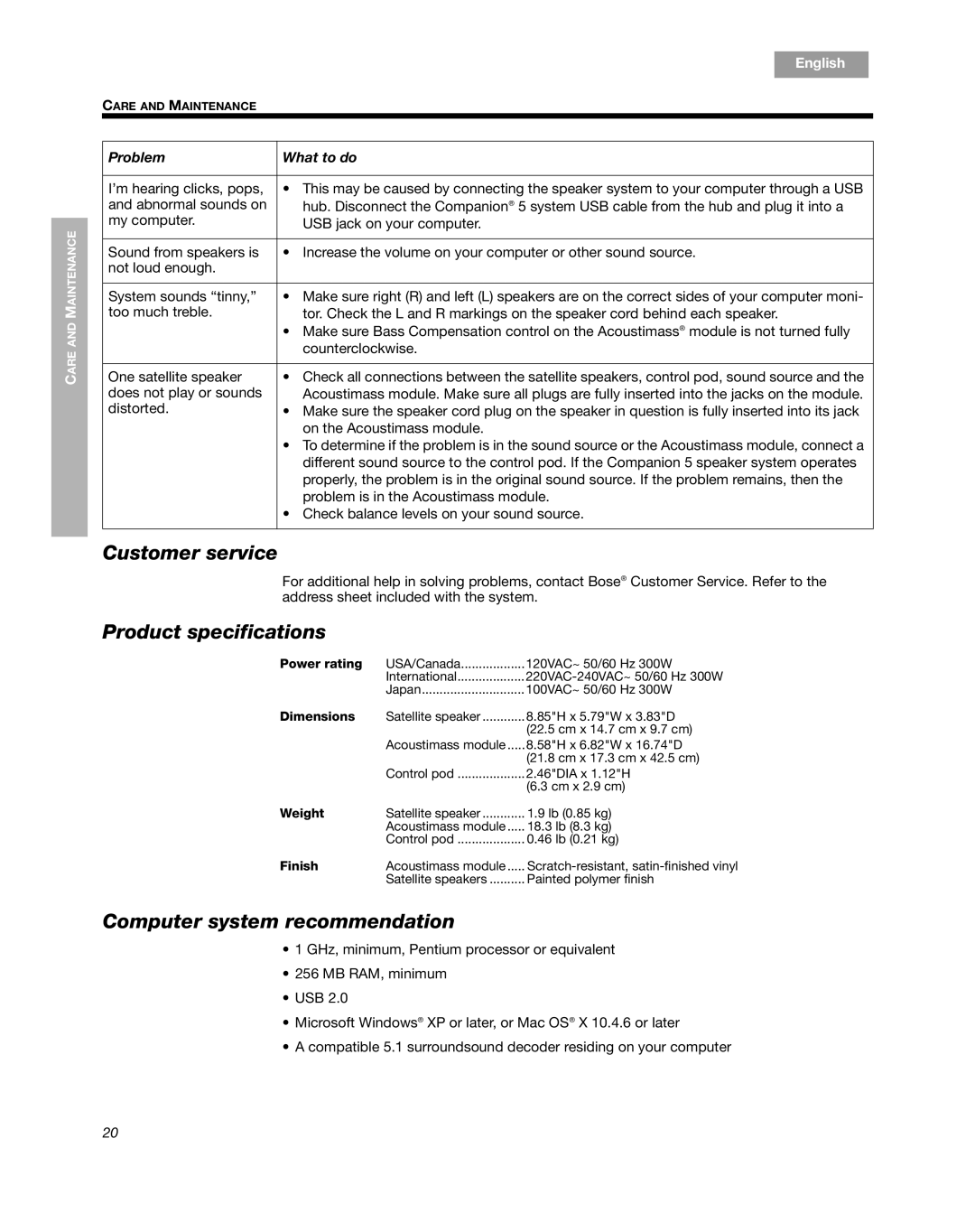 Bose Companion 5 manual Customer service, Product specifications, Computer system recommendation 