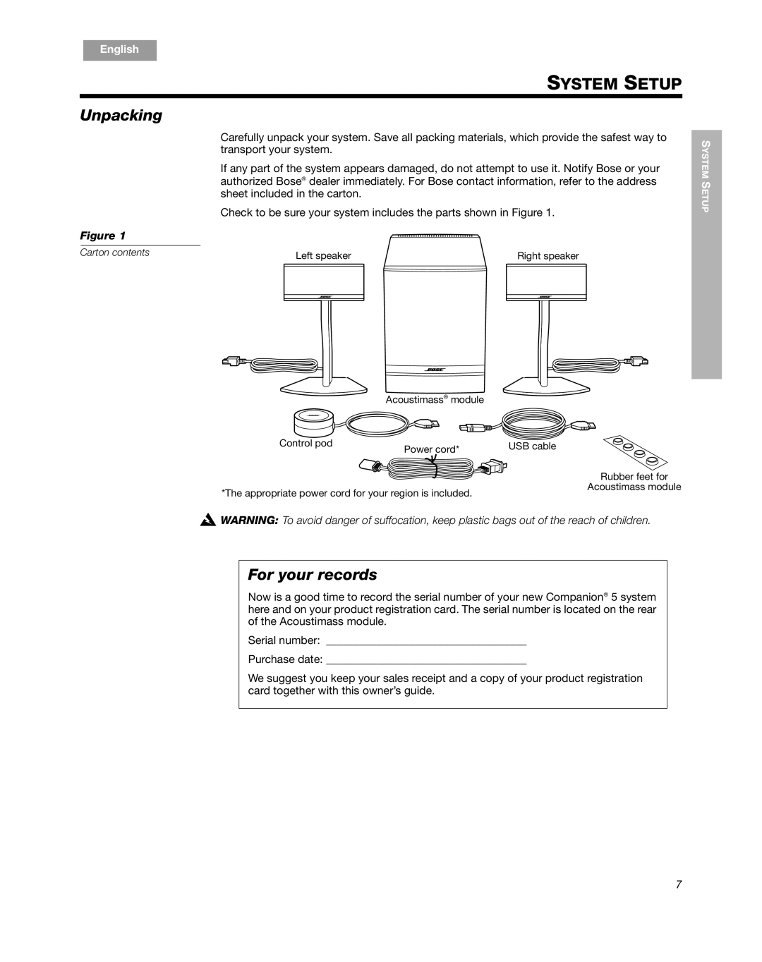 Bose Companion 5 manual Unpacking, For your records 