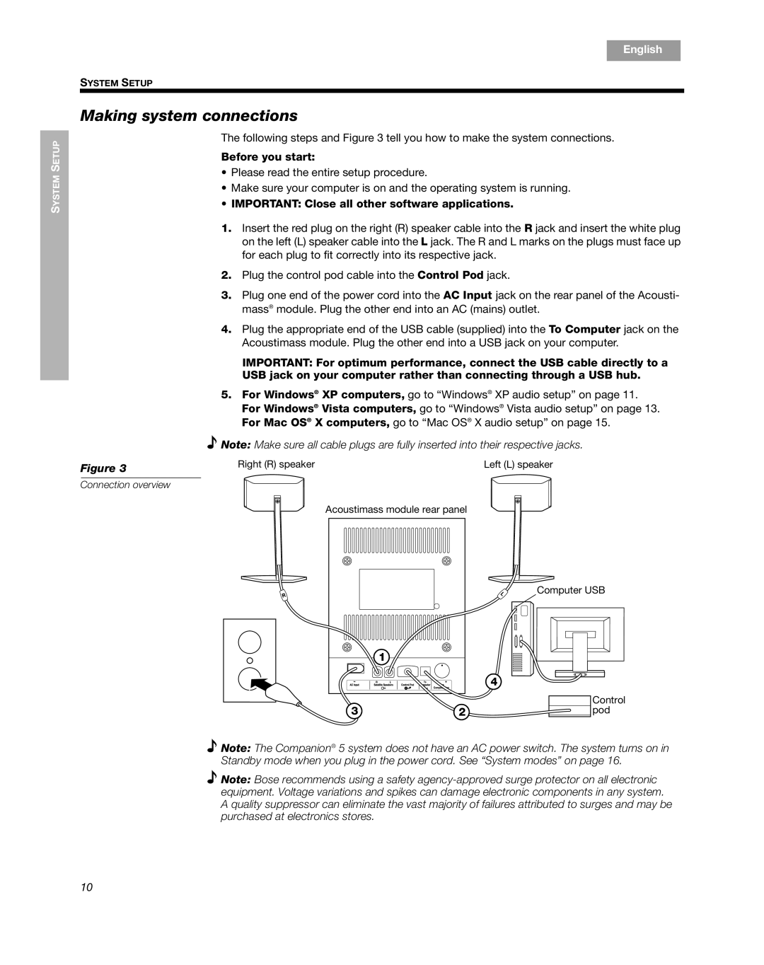 Bose Companion 5 manual Making system connections, Français, Español, English 