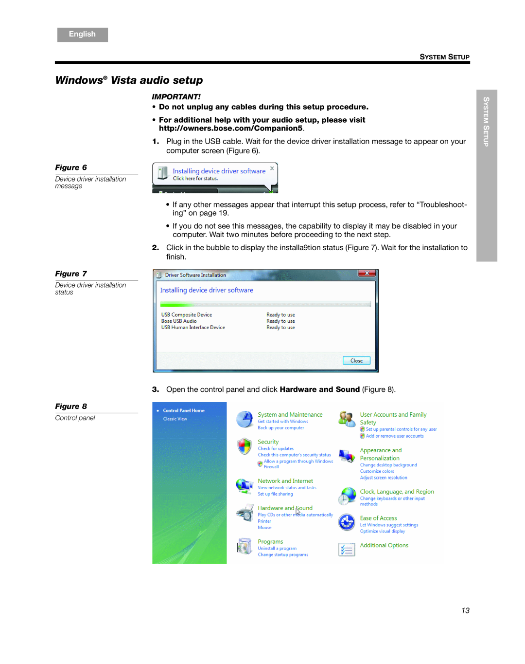 Bose Companion 5 manual Windows Vista audio setup, English, Español, Français 