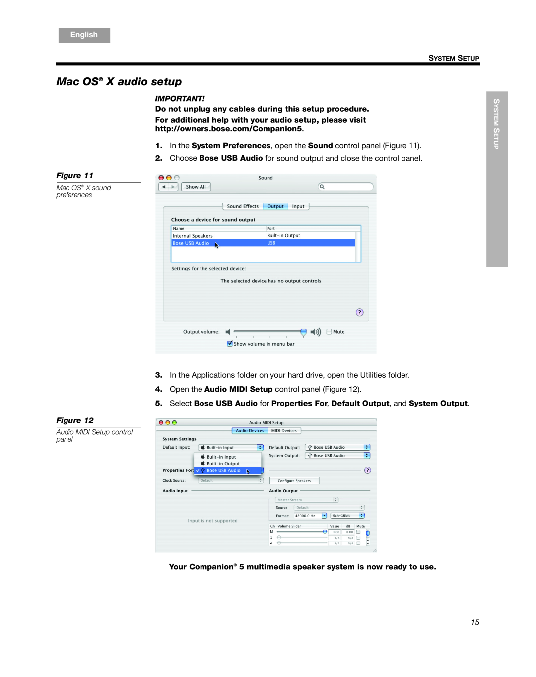 Bose Companion 5 manual Mac OS X audio setup, English, Español, Français 