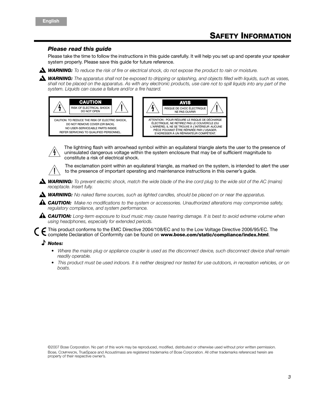Bose Companion 5 manual Safety Information, Please read this guide, English, Español Français 