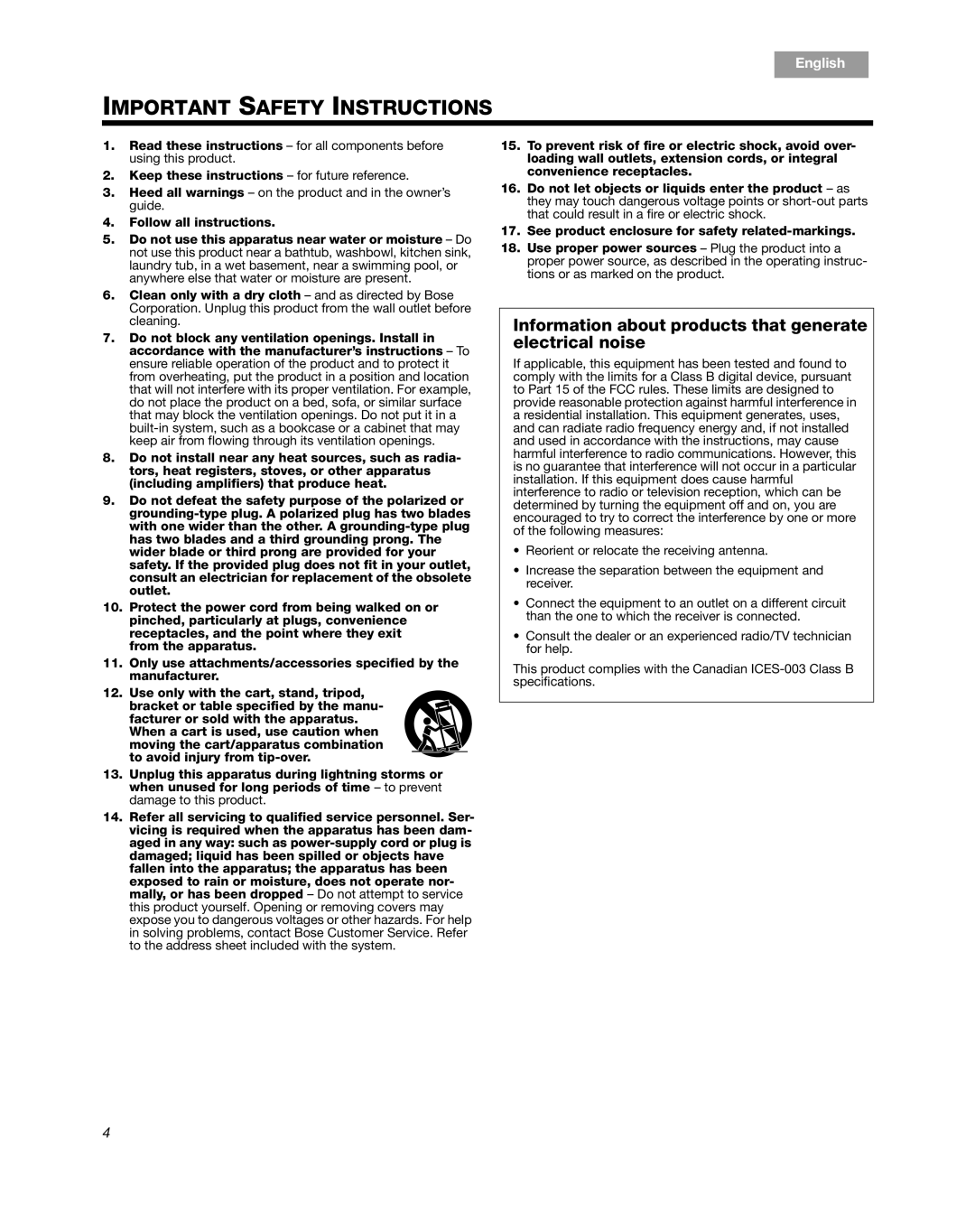 Bose Companion 5 manual Important Safety Instructions, Français Español, English 