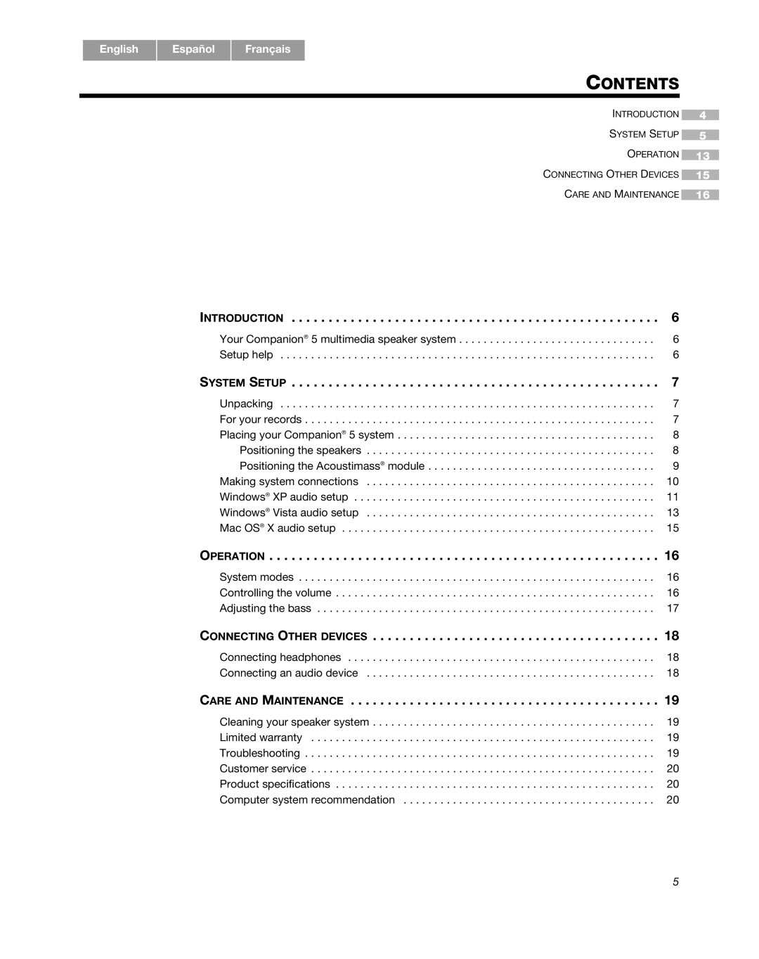 Bose Companion 5 manual Contents, Introduction, System Setup, English, Español, Français, 4 5 13 