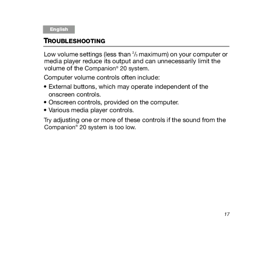 Bose 329509-1300, Companion (R) 20 manual Troubleshooting 