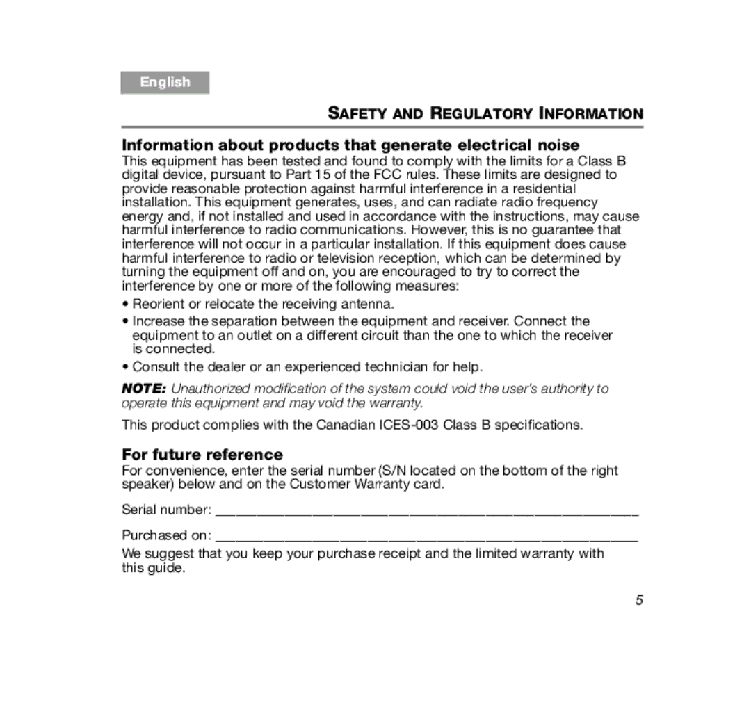 Bose 329509-1300, Companion (R) 20 manual Information about products that generate electrical noise 