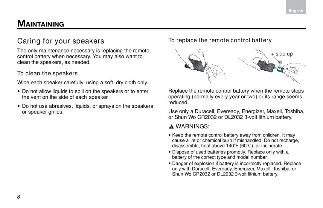 Bose Computer Musicmonitor (Black) manual Caring for your speakers, To replace the remote control battery 