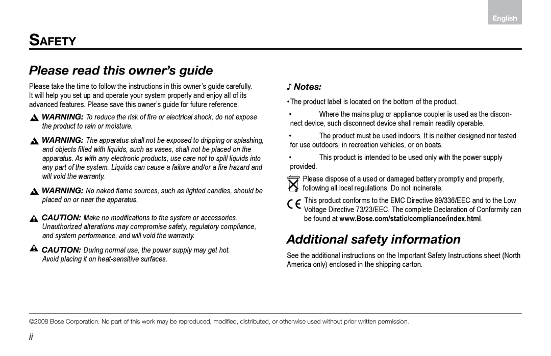 Bose Computer Musicmonitor (Black) manual Please read this owner’s guide, Additional safety information 