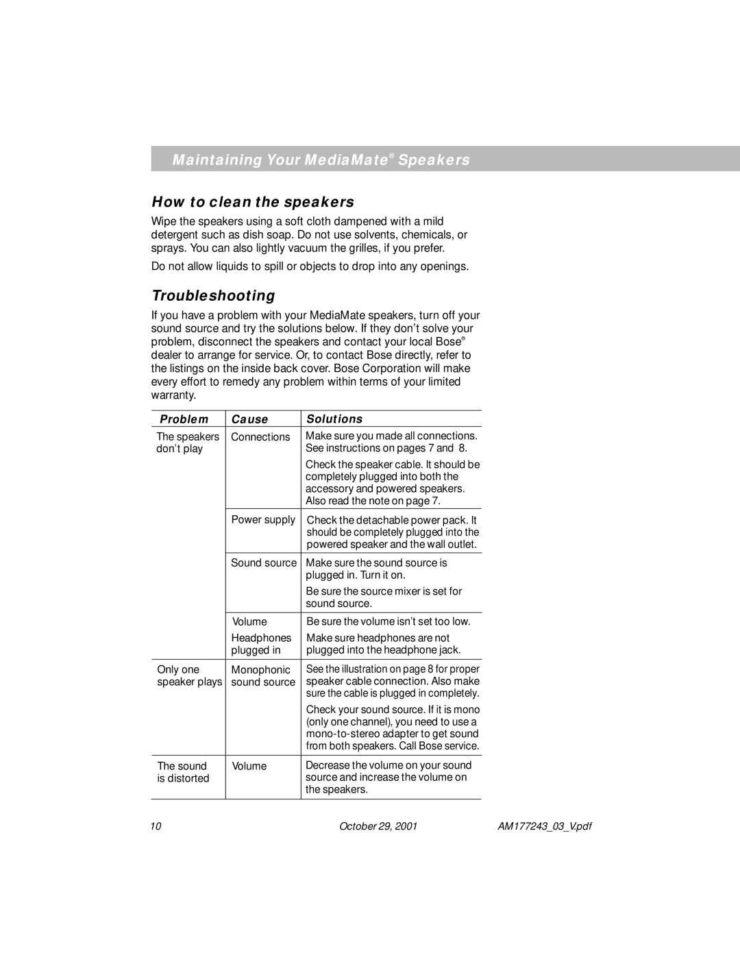 Bose Computer Speakers manual Maintaining Your MediaMate Speakers, How to clean the speakers, Troubleshooting 