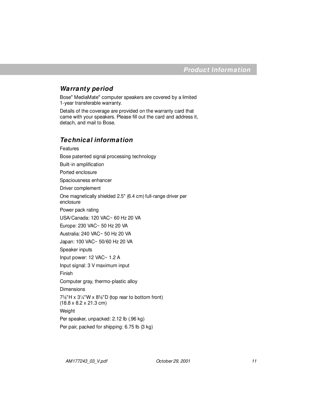 Bose Computer Speakers manual Product Information, Warranty period, Technical information 