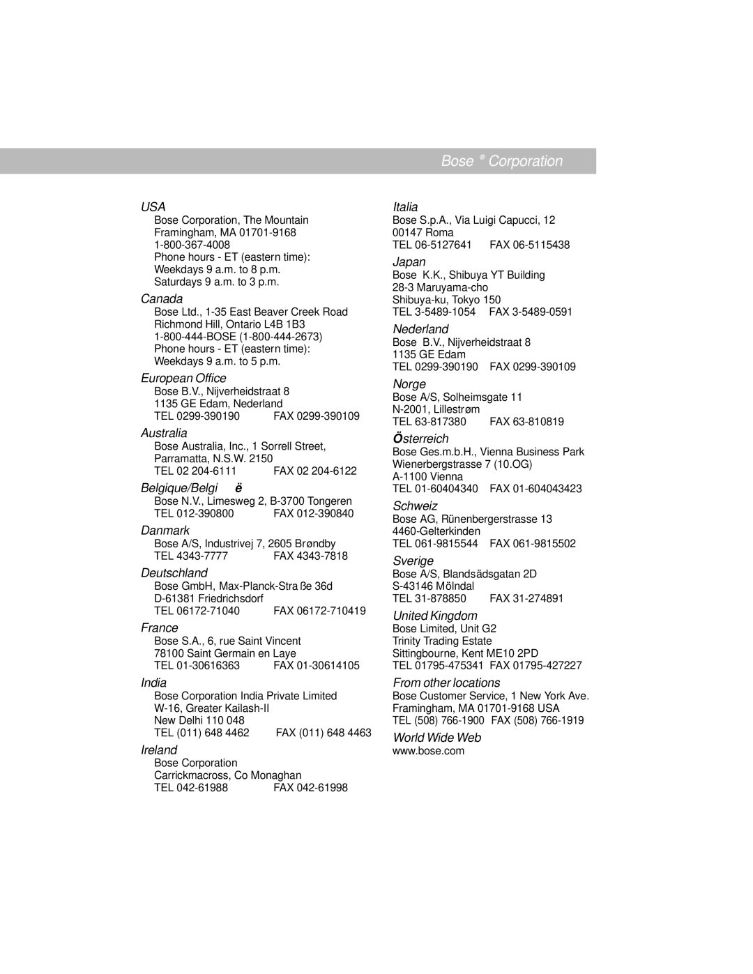 Bose Computer Speakers manual Bose Corporation, Usa 