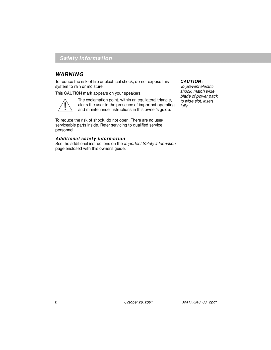 Bose Computer Speakers manual Safety Information, Additional safety information 