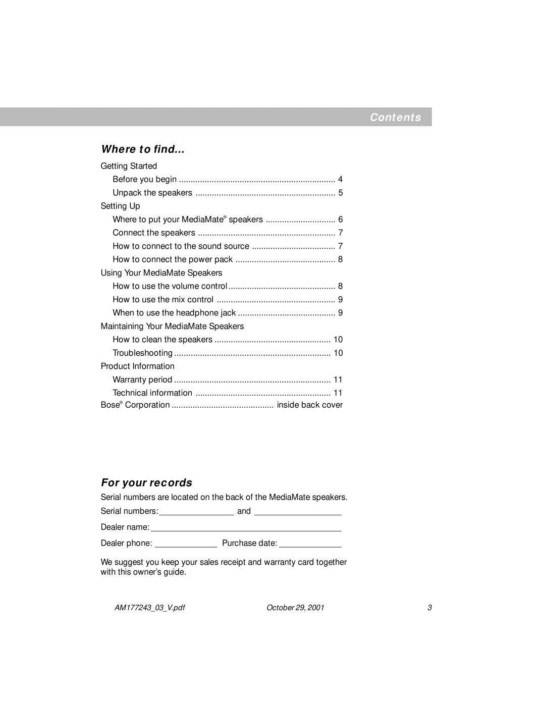 Bose Computer Speakers manual Contents 