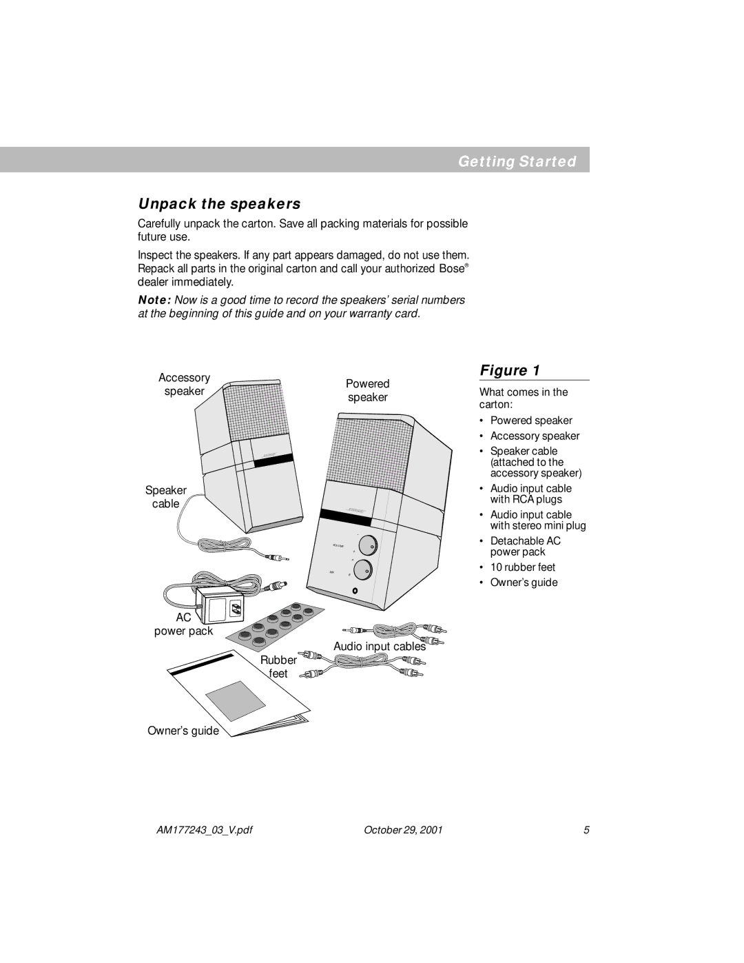 Bose Computer Speakers manual Unpack the speakers, Power pack Audio input cables Rubber Feet 