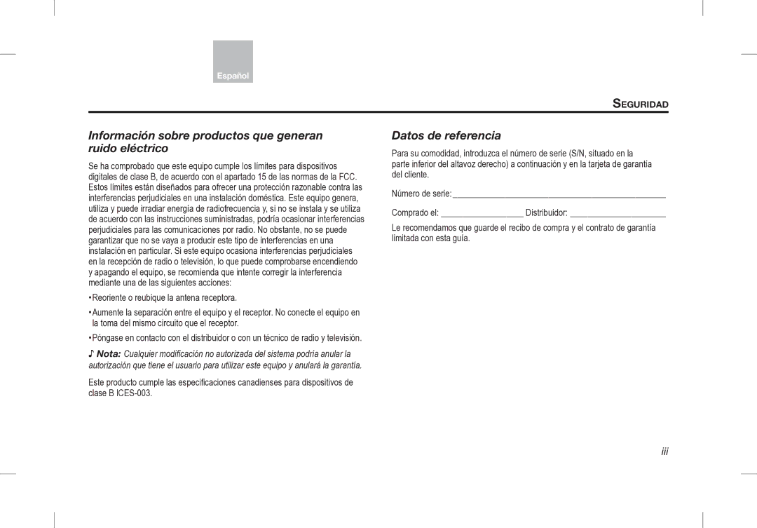 Bose Desktop Speaker manual Información sobre productos que generan ruido eléctrico, Datos de referencia 