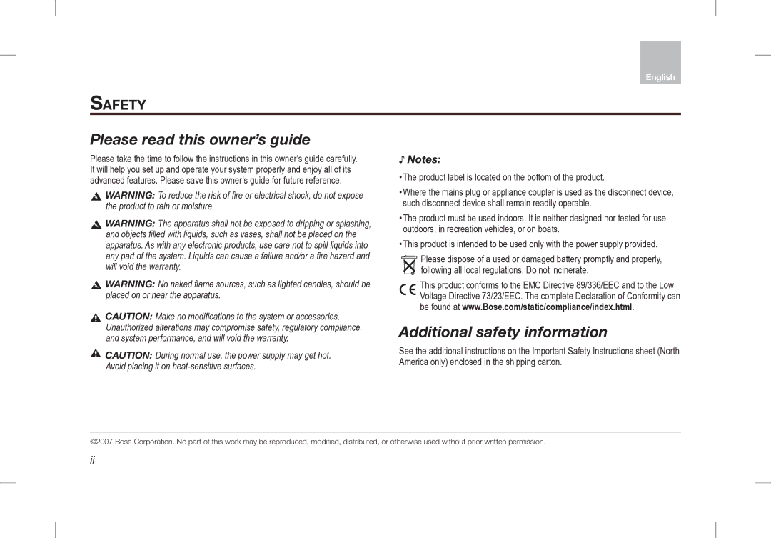 Bose Desktop Speaker manual Please read this owner’s guide, Additional safety information, Safety 