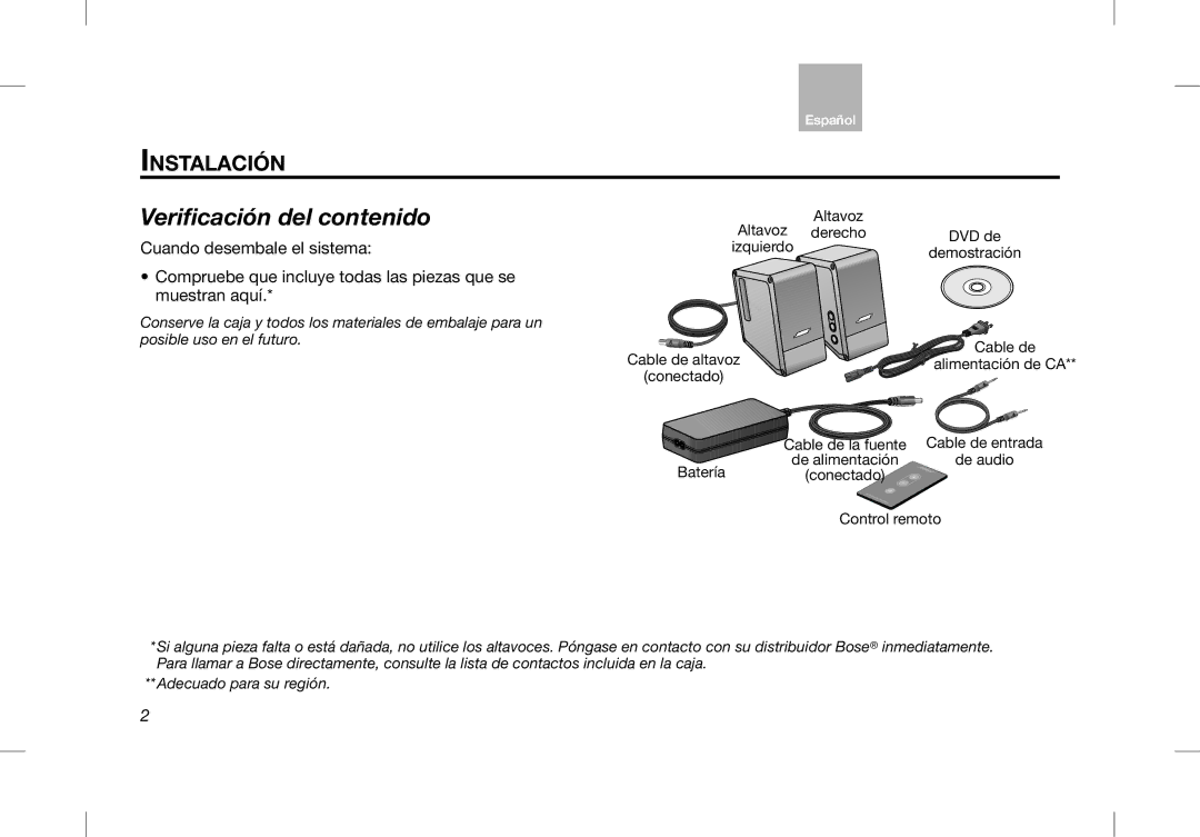 Bose Desktop Speaker manual Verificación del contenido, Instalación 