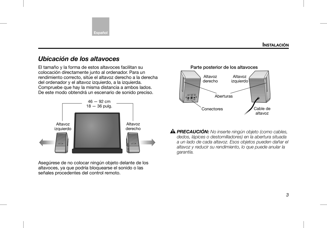 Bose Desktop Speaker manual Ubicación de los altavoces 