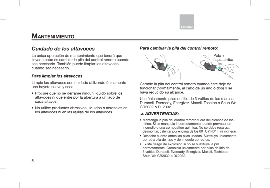 Bose Desktop Speaker manual Cuidado de los altavoces, Mantenimiento, Para cambiar la pila del control remoto 