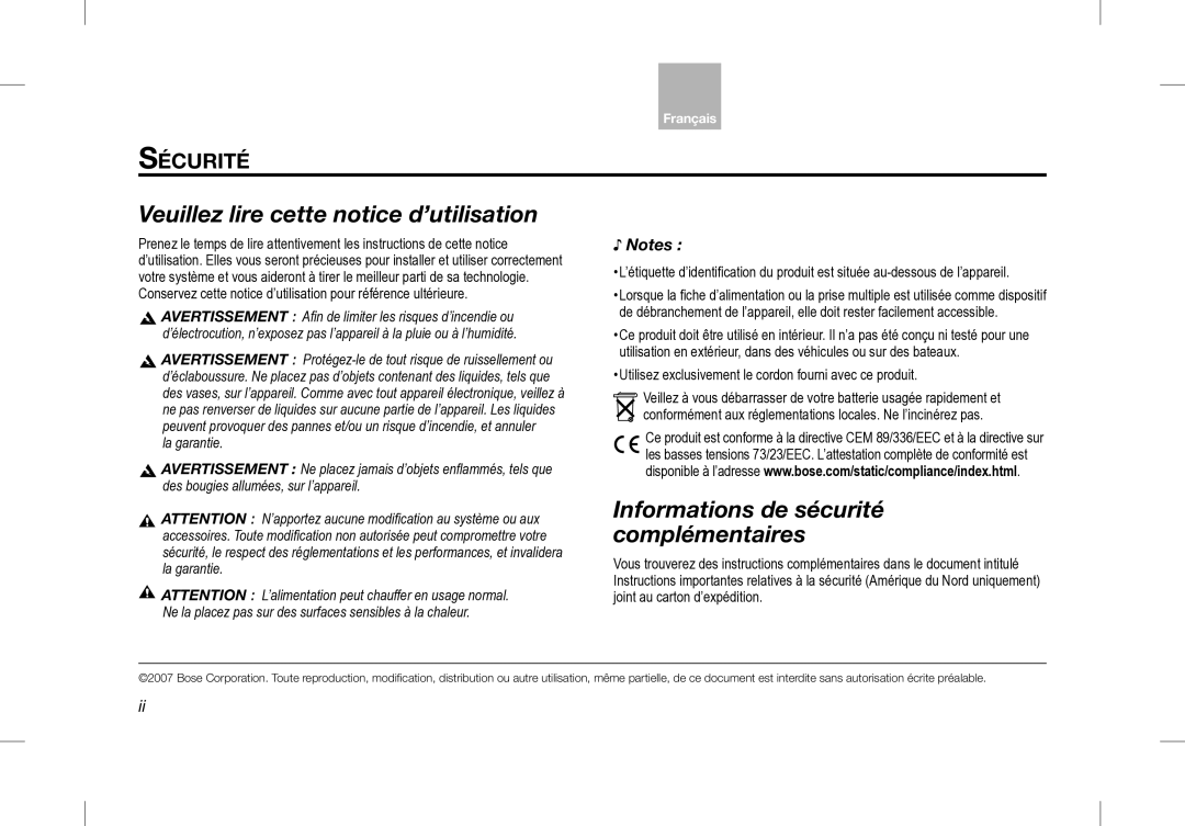 Bose Desktop Speaker manual Veuillez lire cette notice d’utilisation, Sécurité 