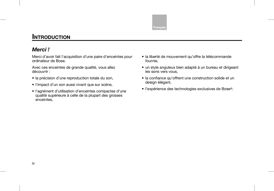 Bose Desktop Speaker manual Merci, Introduction 