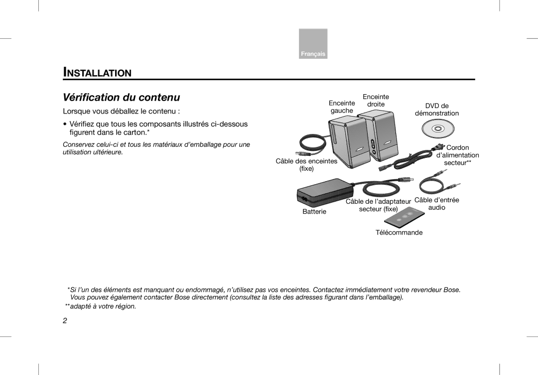 Bose Desktop Speaker manual Vérification du contenu, Installation 