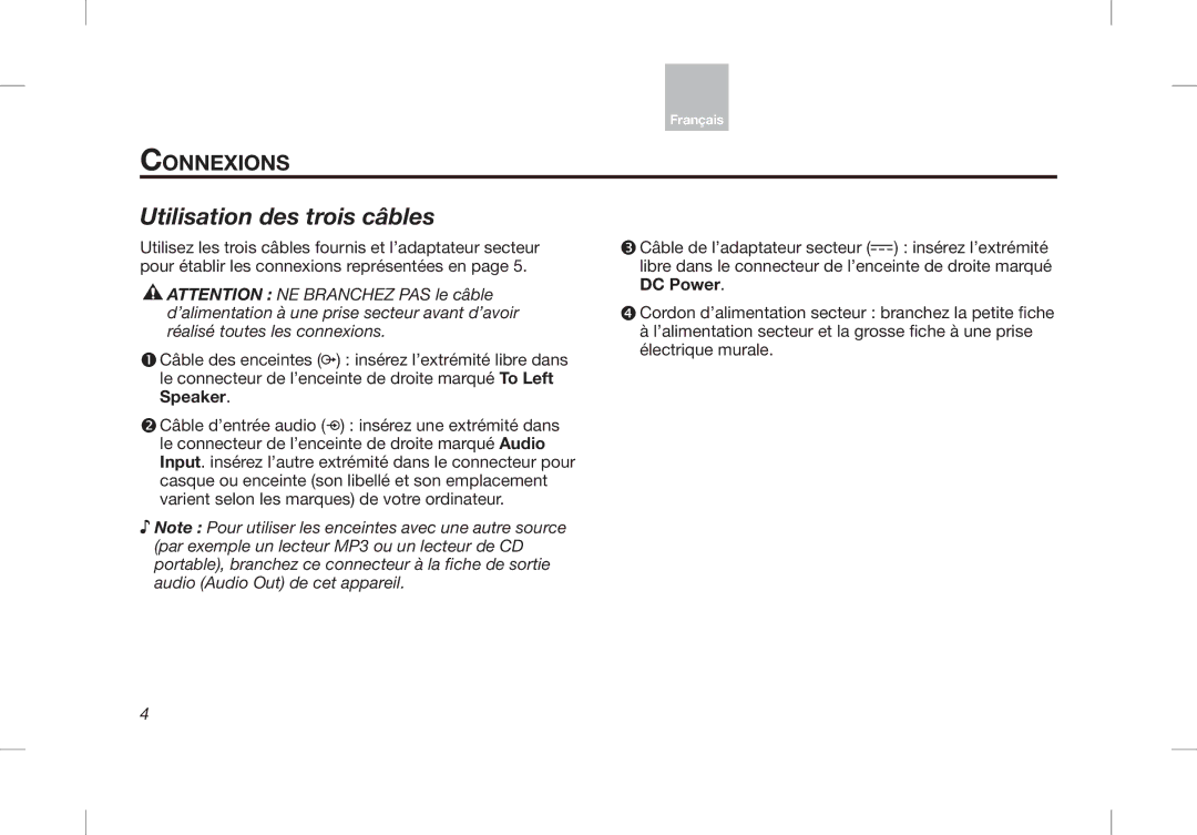 Bose Desktop Speaker manual Utilisation des trois câbles, Connexions 