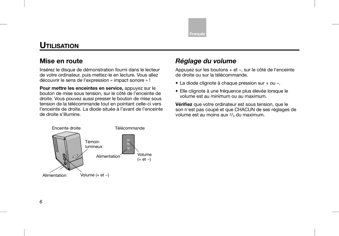 Bose Desktop Speaker manual Réglage du volume, Utilisation 