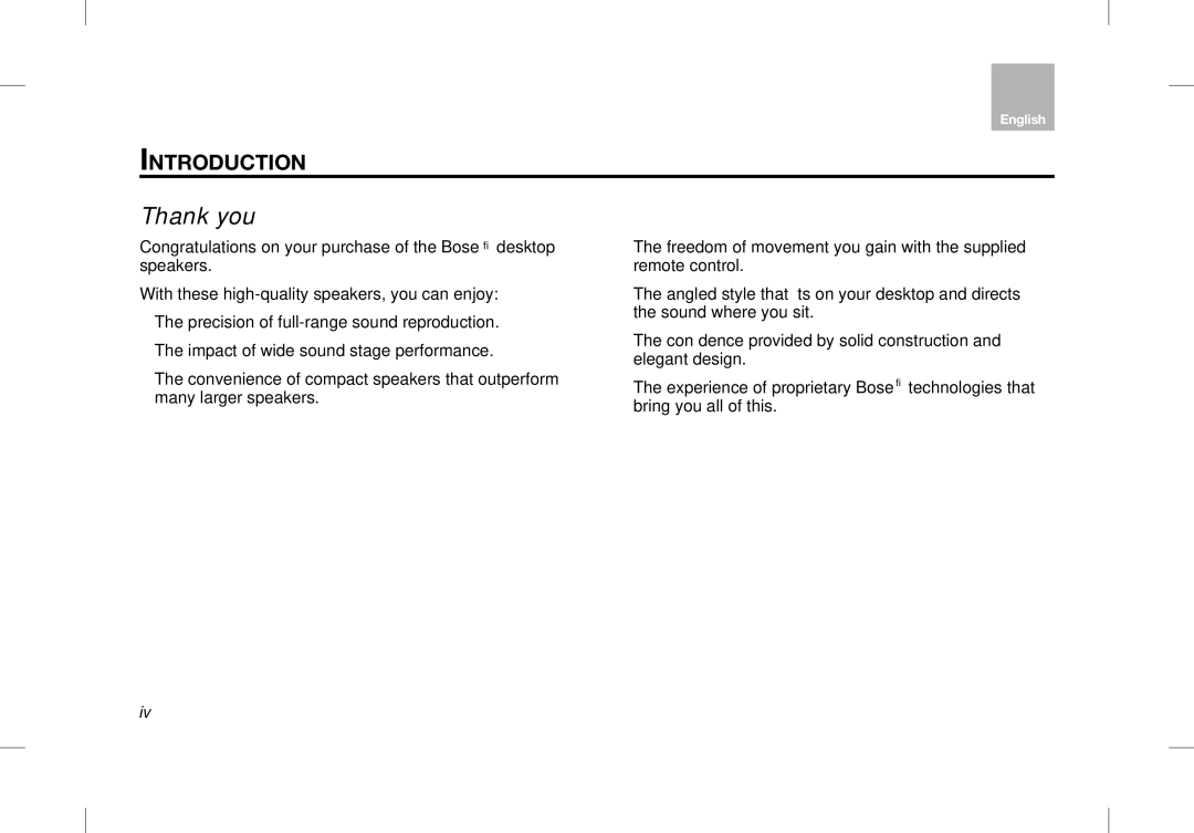 Bose Desktop Speaker manual Thank you, Introduction 