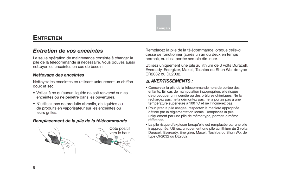 Bose Desktop Speaker manual Entretien de vos enceintes, Nettoyage des enceintes, Remplacement de la pile de la télécommande 