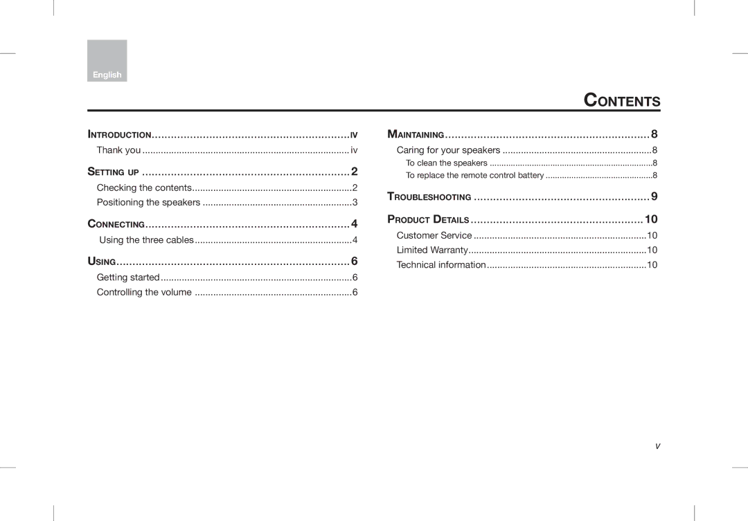 Bose Desktop Speaker manual Contents 