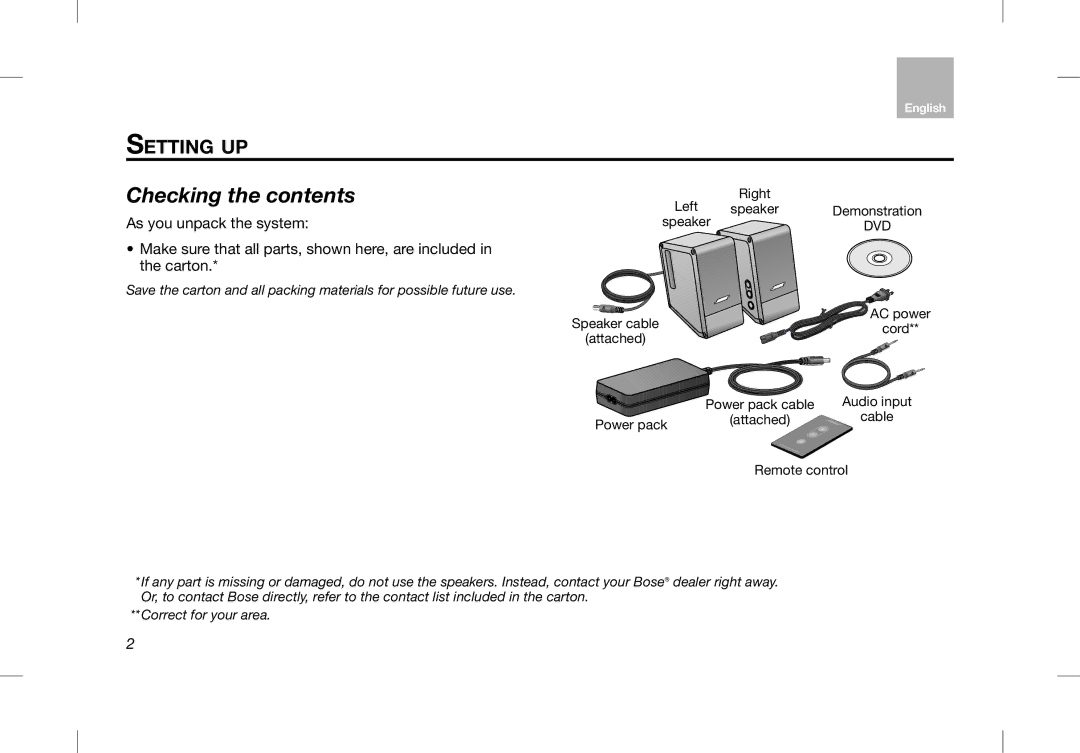 Bose Desktop Speaker manual Checking the contents 