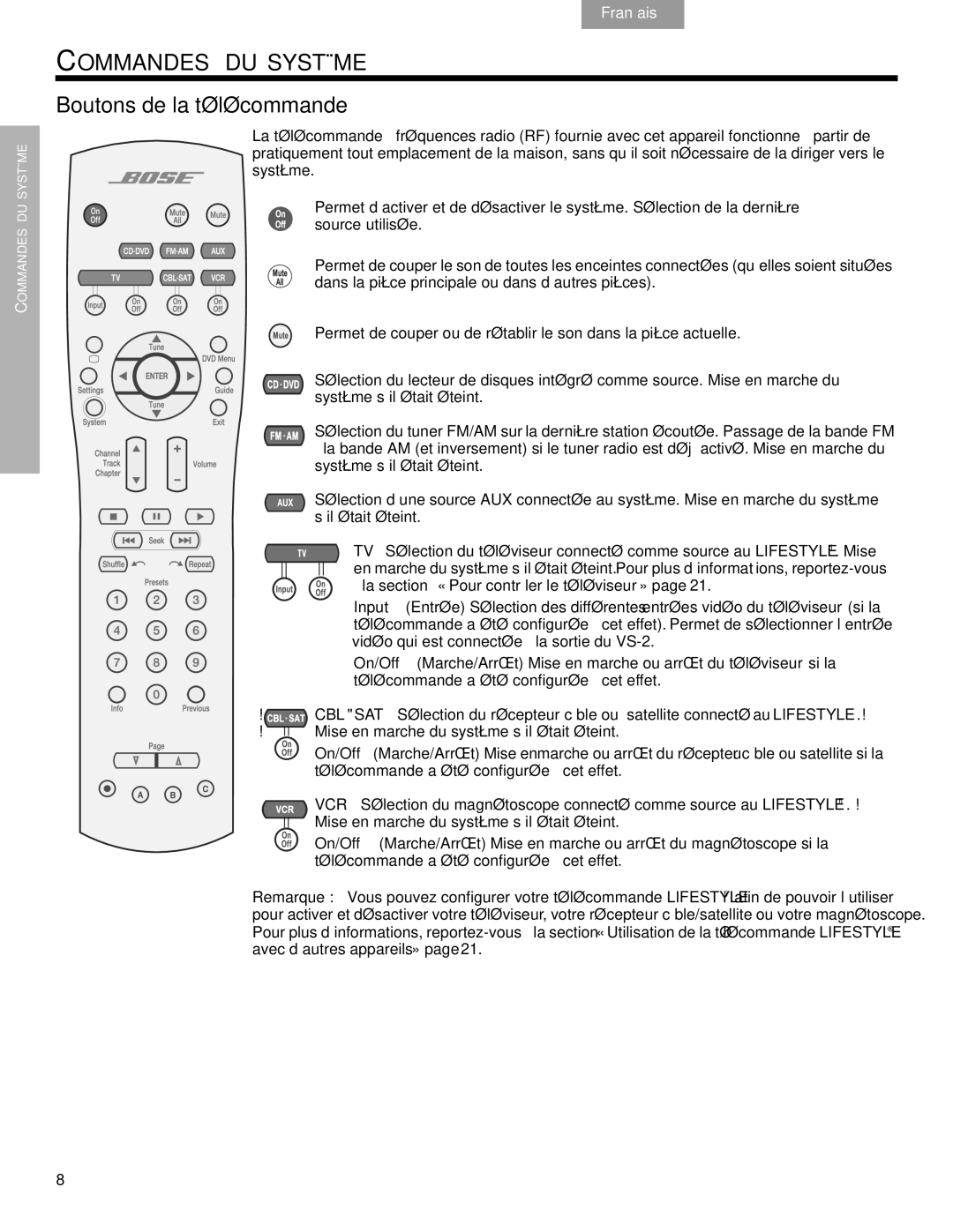 Bose DVD Home Entertainment Systems manual Boutons de la télécommande 